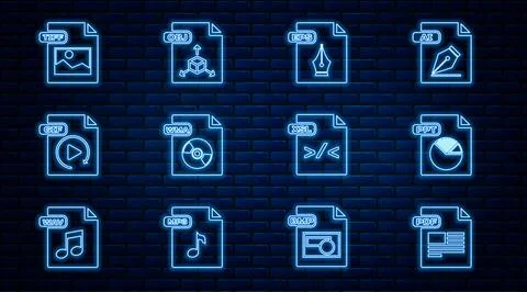 Set line PDF file document, PPT, EPS, WMA, GIF, TIFF, XSL and OBJ icon. Vector Illustrazione stock