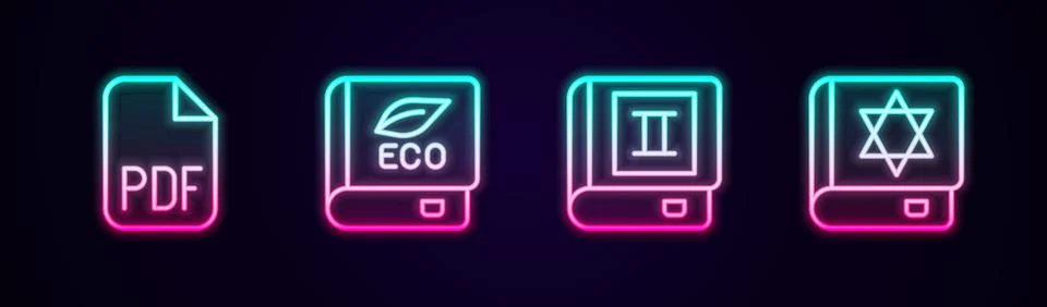 Set line PDF file document, Book about ecology, and Jewish torah book. Glowing Stock Illustration
