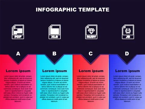 Set line PDF file document, XLS, RUBY and JS. Business infographic template Illustrazione stock