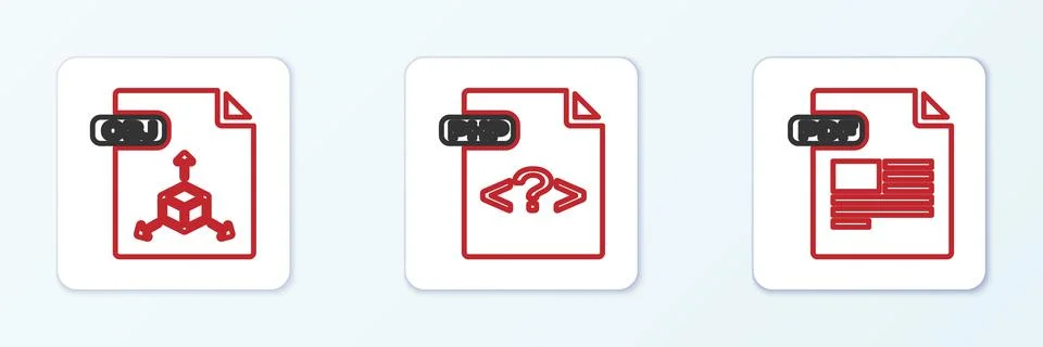 Set line PDF file document, OBJ and PHP icon. Vector Illustration