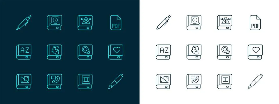 Set line PDF file document, Phone book, Book about women, Law, Ancient magi.. Stock Illustration