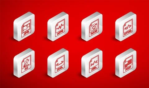 Set line PDF file document, MP3, RAW, HTML, XSL, JPG, XML and AI icon. Vector Stock Illustration