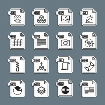 Set line PDF file document, MSG, MP3, GIF, TXT, PNG, AVI and RAW icon. Vector Stock Illustration