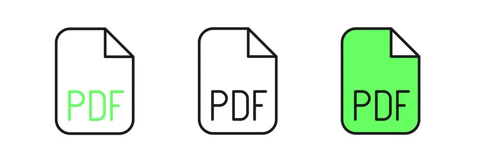 Set line PDF file document. Download pdf button icon isolated on white back.. Illustrazione stock