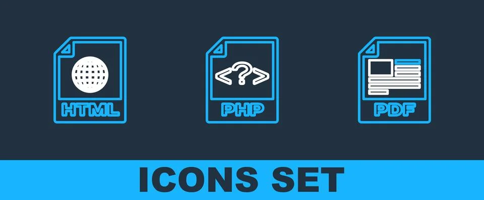Set line PDF file document, HTML and PHP icon. Vector Stock-Illustration