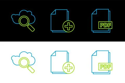 Set line PDF file document, Search cloud computing and Add new icon. Vector Stock Illustration