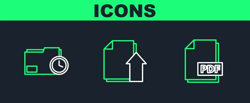 Set line PDF file document, Document folder with clock and Upload icon. Vecto Stock Illustration