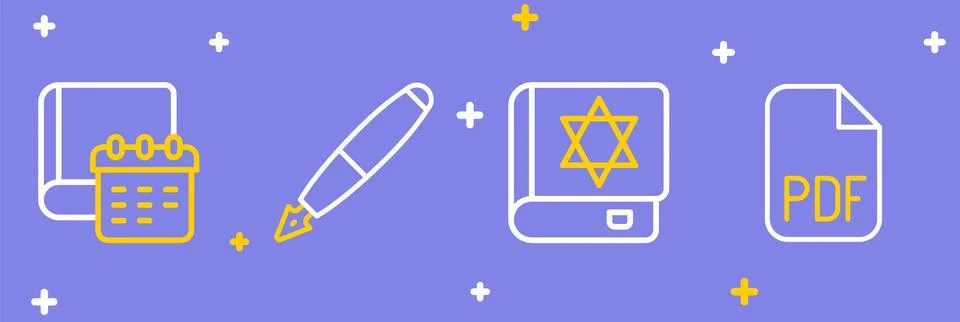 Set line PDF file document, Jewish torah book, Fountain pen nib and Daily p.. Stock Illustration