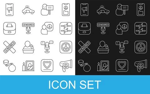 Set line Peace, Barbed wire, Protest, Censored stamp, Vote box, and talks icon Ilustración de archivo