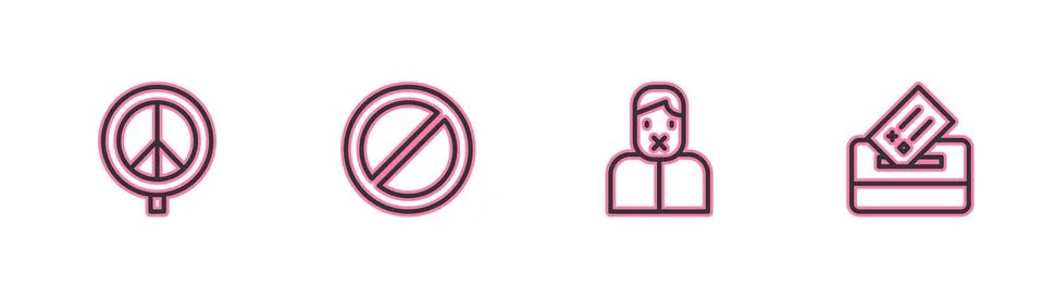 Set line Peace, Censor and freedom of speech, Ban and Vote box icon. Vector Illustrazione stock