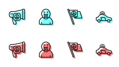 Set line Peace, , Censor and freedom of speech and Police car flasher icon 스톡 일러스트