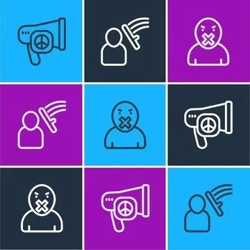 Set line Peace, Censor and freedom of speech and Police beat human icon. Vector Illustrazione stock