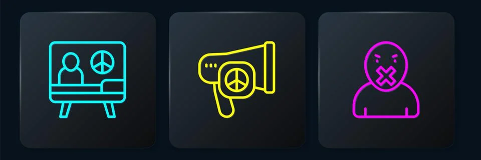 Set line Peace, Censor and freedom of speech and . Black square button. Vector Illustrazione stock