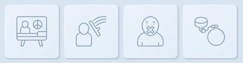 Set line Peace, Censor and freedom of speech, Police beat human and Ball on Ilustración de archivo