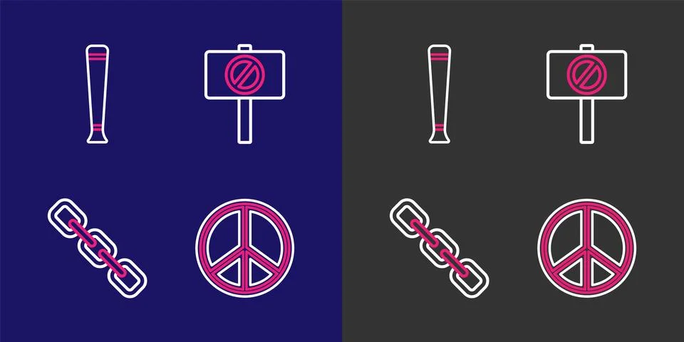 Set line Peace, Chain link, Protest and Police rubber baton icon. Vector Stock Illustration