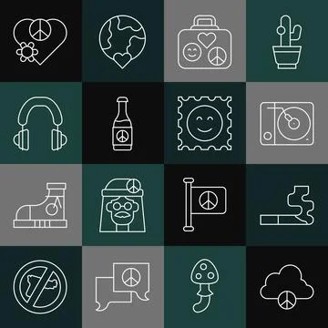 Set line Peace cloud, Cigarette, Vinyl player, Suitcase for travel, Beer bottle 스톡 일러스트