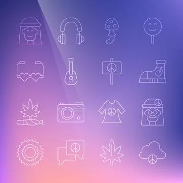 Set line Peace cloud, Hippie girl, Sneakers, Psilocybin mushroom, Guitar, Heart 스톡 일러스트