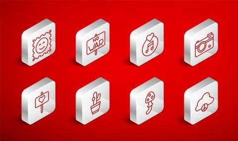 Set line Peace cloud, No war, Vinyl disk, Photo camera, Psilocybin mushroom,  스톡 일러스트