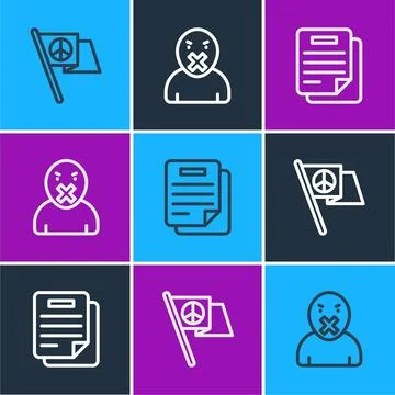 Set line Peace, Document and Censor and freedom of speech icon. Vector Illustrazione stock