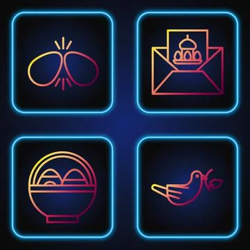 Set line Peace dove with olive branch, Basket with easter eggs, Easter eggs and Illustrazione stock