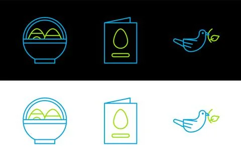 Set line Peace dove with olive branch, Basket easter eggs and Greeting card.. Illustrazione stock