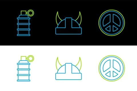 Set line Peace, Hand grenade and Viking in horned helmet icon. Vector Stock Illustration