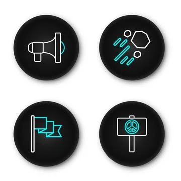 Set line Peace, Location marker, Flying stone and Megaphone icon. Vector Stock Illustration
