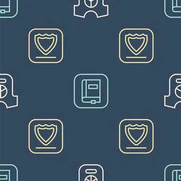 Set line Peace, Shield and Law book on seamless pattern. Vector Stock Illustration
