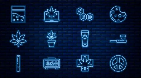 Set line Peace, Smoking pipe, Cannabis molecule, Marijuana or cannabis plan.. Stock Illustration