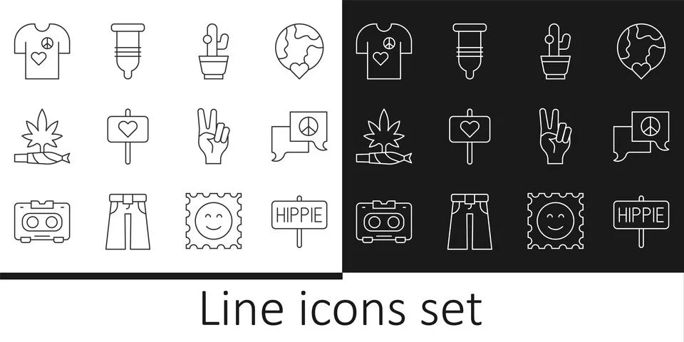 Set line Peace, Speech bubble chat, Cactus, Marijuana joint, spliff, t-shir.. 스톡 일러스트
