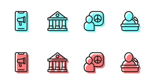 Set line Peace talks, Protest, Courthouse building and Speaker icon. Vector Ilustración de archivo