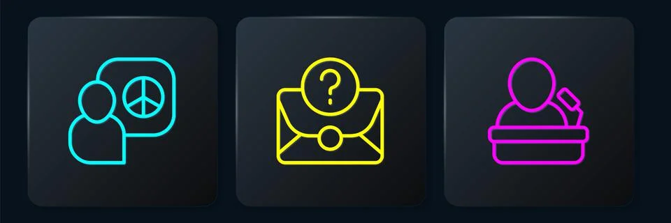 Set line Peace talks, Speaker and Envelope with question mark. Black square Stock Illustration