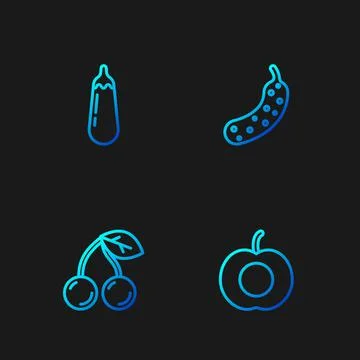 Set line Peach fruit, Cherry, Eggplant and Fresh cucumber. Gradient color icons Stock Illustration