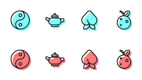 Set line Peach fruit or nectarine, Yin Yang symbol, Chinese tea ceremony and Stock Illustration