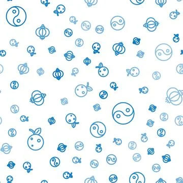 Set line Peach fruit or nectarine, Yin Yang symbol and Chinese paper lantern on Illustrazione stock