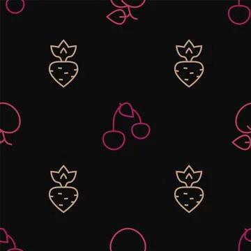 Set line Peach fruit or nectarine, Turnip and Cherry on seamless pattern. Vec Stockillustratie