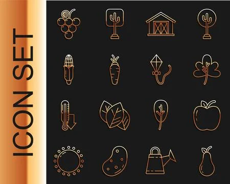 Set line Pear, Apple, Leaf or leaves, Farm house, Carrot, Corn, Grape fruit and Stock Illustration