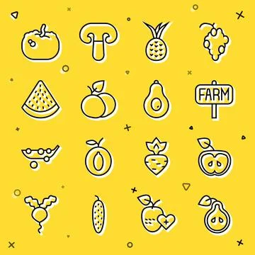 Set line Pear, Apple, Location farm, Pineapple, Mango fruit, Watermelon, Pumpkin Stock Illustration