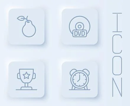 Set line Pear, CD or DVD disk, Award cup and Alarm clock. White square butt.. Stockillustratie