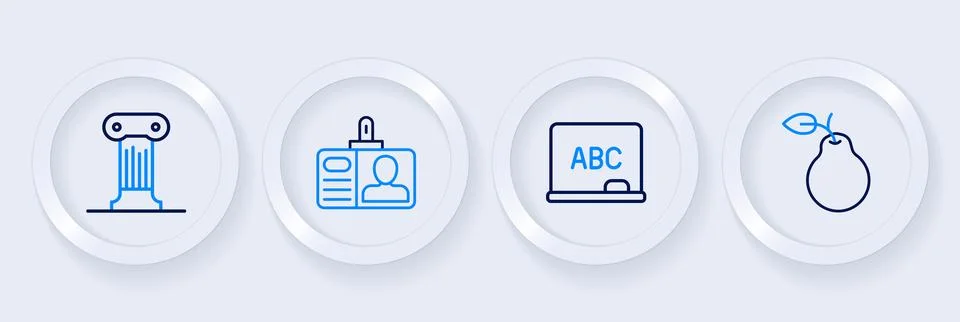 Set line Pear, Chalkboard, Identification badge and Law pillar icon. Vector Stock Illustration