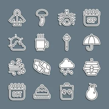 Set line Pear, Hive for bees, Umbrella, Spider, Cup of tea, Sun and cloud w.. Ilustração Stock