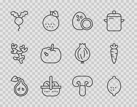 Set line Pear, Lemon, Coconut, Basket and food, Radish, Pumpkin, Mushroom and Stock-Illustration