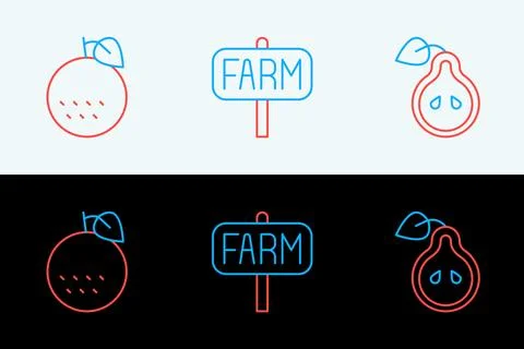 Set line Pear, Orange fruit and Location farm icon. Vector Stock-Illustration