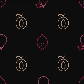 Set line Pear, Plum fruit and Lemon on seamless pattern. Vector Illustrazione stock