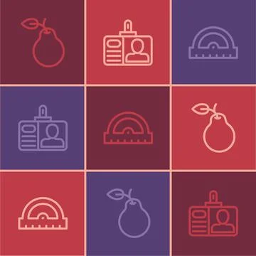Set line Pear, Protractor grid and Identification badge icon. Vector 库存插图