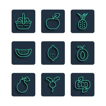 Set line Pear, Radish, Leaf Eco symbol, Pineapple, Lemon, Watermelon, Basket and Stock-Illustration