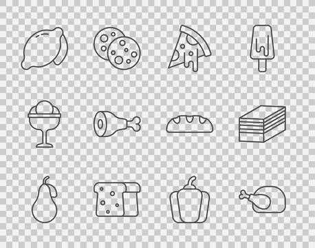 Set line Pear, Roasted turkey or chicken, Slice of pizza, Bread toast, Lemo.. Stock Illustration