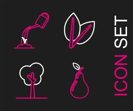 Set line Pear, Tree, Leafs and Watering can with water icon. Vector Illustrazione stock