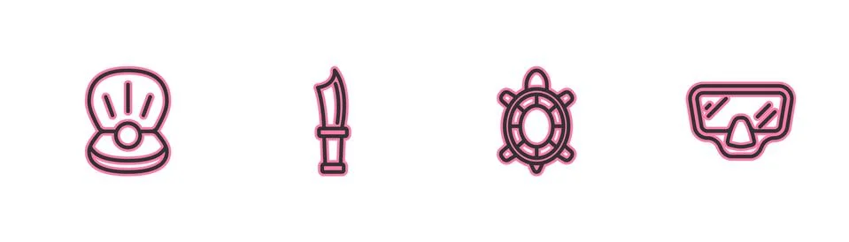 Set line Pearl, Turtle, Diving knife and mask icon. Vector Illustrazione stock