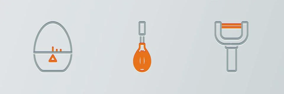 Set line Peeler, Kitchen timer and whisk icon. Vector Stock Illustration